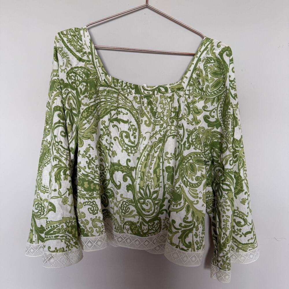Rachel Zoe Women Linen Blouse Large Paisley Square Neck Resortwear Beach Cottage - Picture 8 of 8